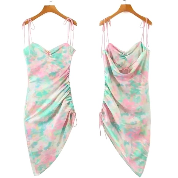 NEW! Pastel Tie Dye Satin Ruched Asymmetrical Midi Dress - Picture 10 of 12
